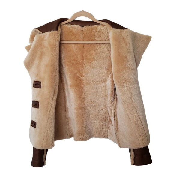 Vintage Faux Leather Fur Shearling Jacket With Beaded Embroidered Sleeve - Picture 4 of 7